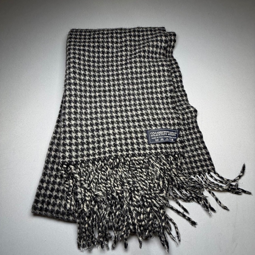 Italian Lambswool Scarf Houndstooth Black Grey Blend Made in Italy